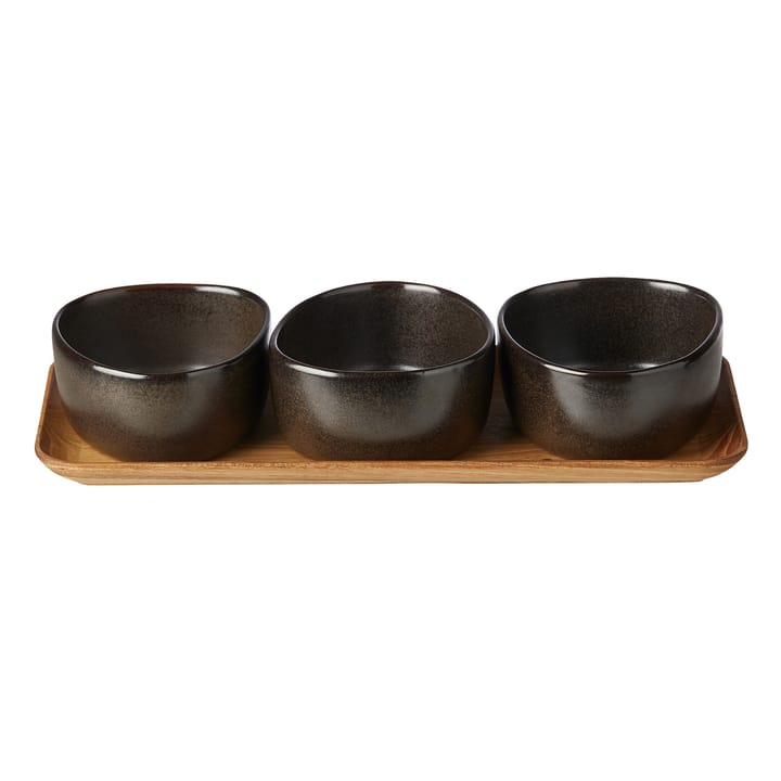 Raw Organic bowl set with wooden tray - Metallic Brown - Aida