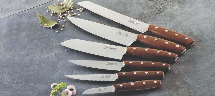 The Norden series from Fiskars contains everything you need to get started in the kitchen including a chef's knife, bread, knife, vegetable knife and a peeling knife. Discover how to care for them in our knife guide.