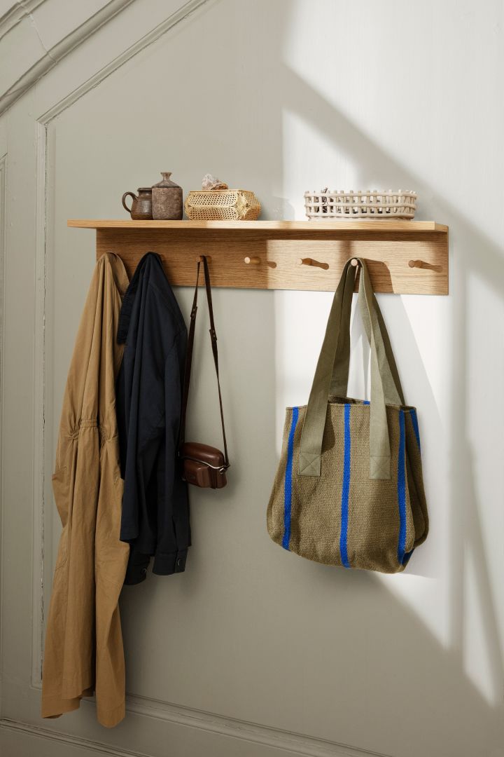 Decorating a small hallway - inspiration from ferm LIVING to make the hallway more organised with an open wardrobe and combined shelf with a knob strip.