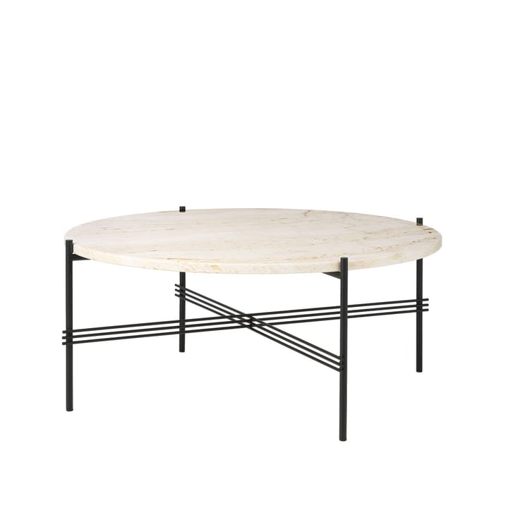 TS Round coffee table - Natural white travertine, ø80, black stand - GUBI