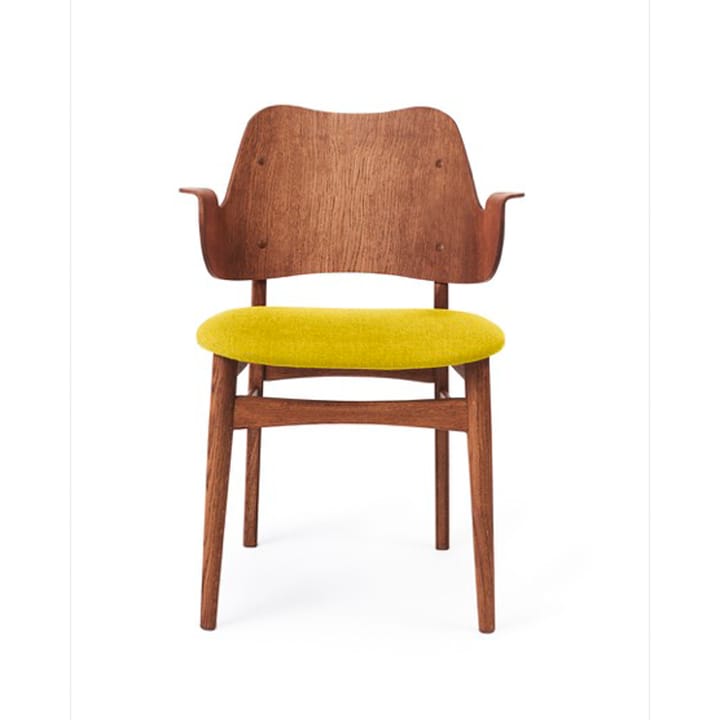 Gesture chair, upholstered seat - Fabric yellow, oiled teak oak legs - Warm Nordic