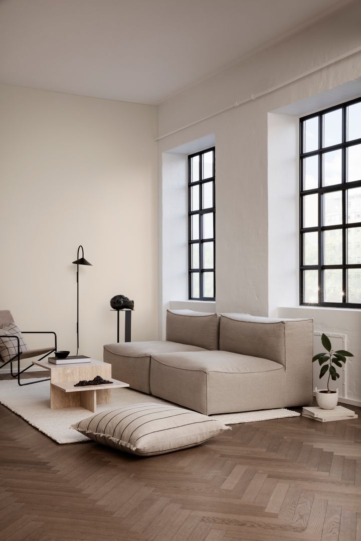 Interior 2020 - living room from Ferm Living with tone-on-tone beige colors and tight lines on the furniture.