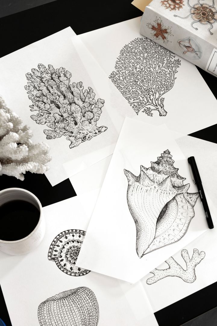 Sketches that will become design to wallpaper from Ferm Living.