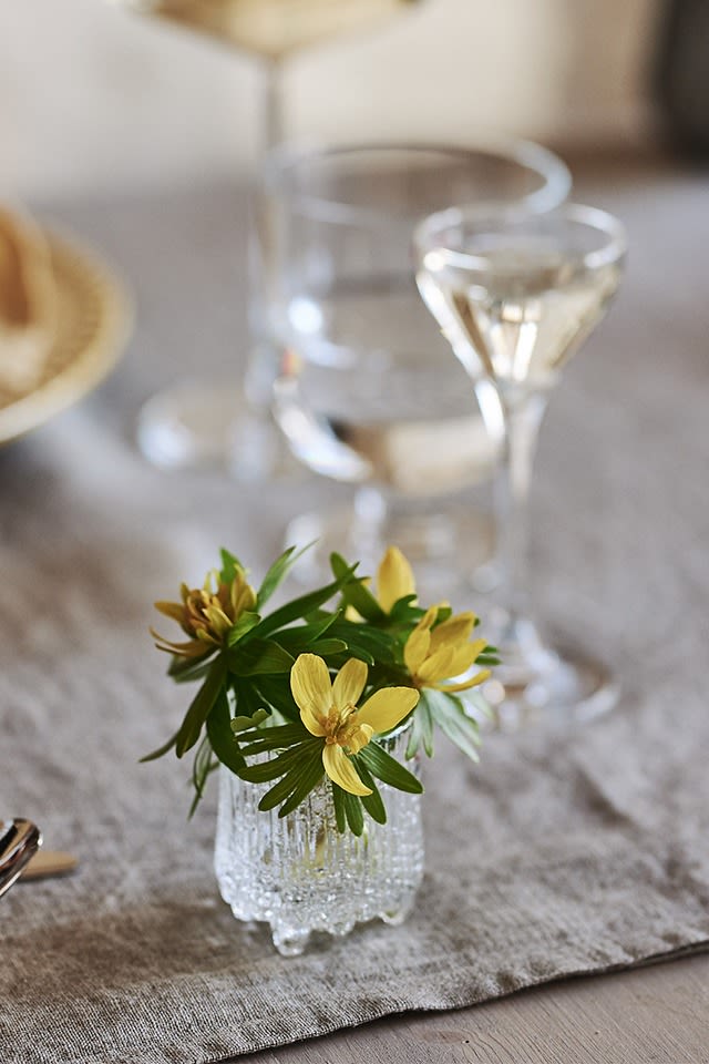 The Ultima Thule snaps glass with a small yellow flower in a spring table setting.